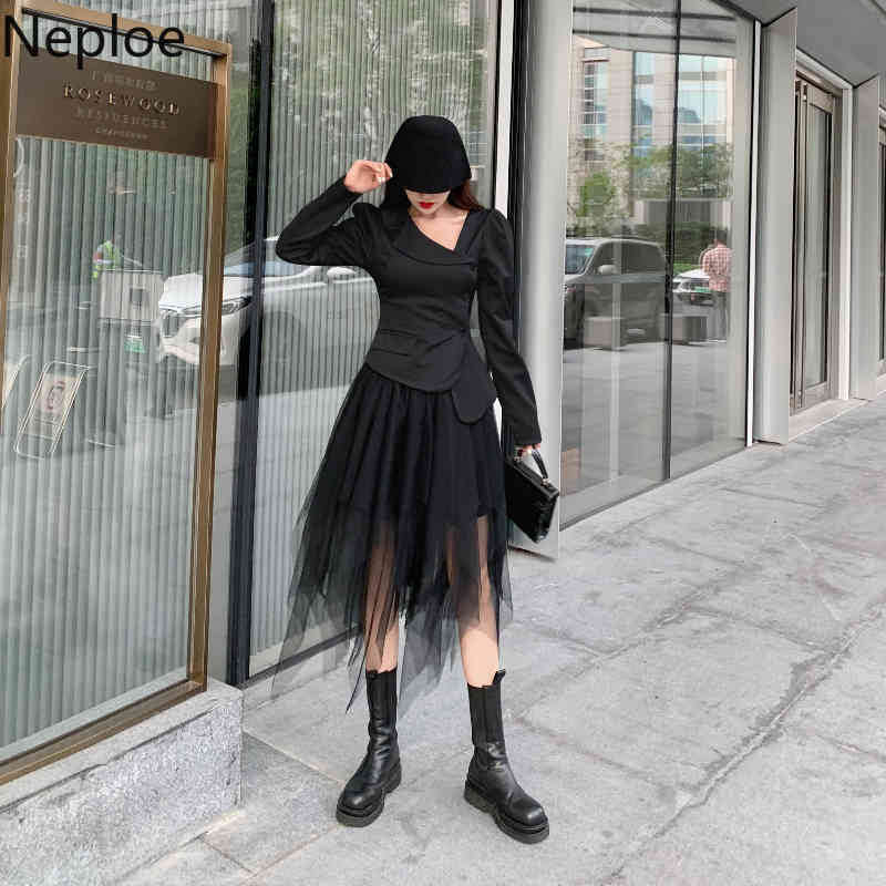 Neploe Two Piece Set Women Fashion Irregular Skew Collar Puff Sleeve Tops Jacket Black Gauze Skirt Temperament Harajuku Suit 210422