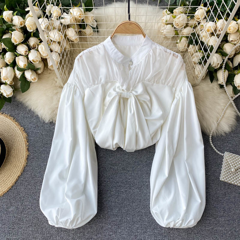 Nomikuma Sweet Bowknot Women Blouse Korean Lantern Long Sleeve O-neck Shirt Spring Autumn New Causal Blusas Mujer 6D742 210427