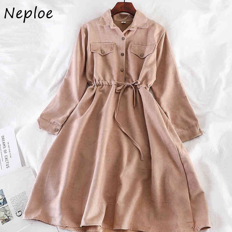 Neploe Hong Kong Style New Autumn Winter Vintage Dress Drawstring Slim Waist Loose Vestidos Fashion Shirt Dresses Women 94447 210422