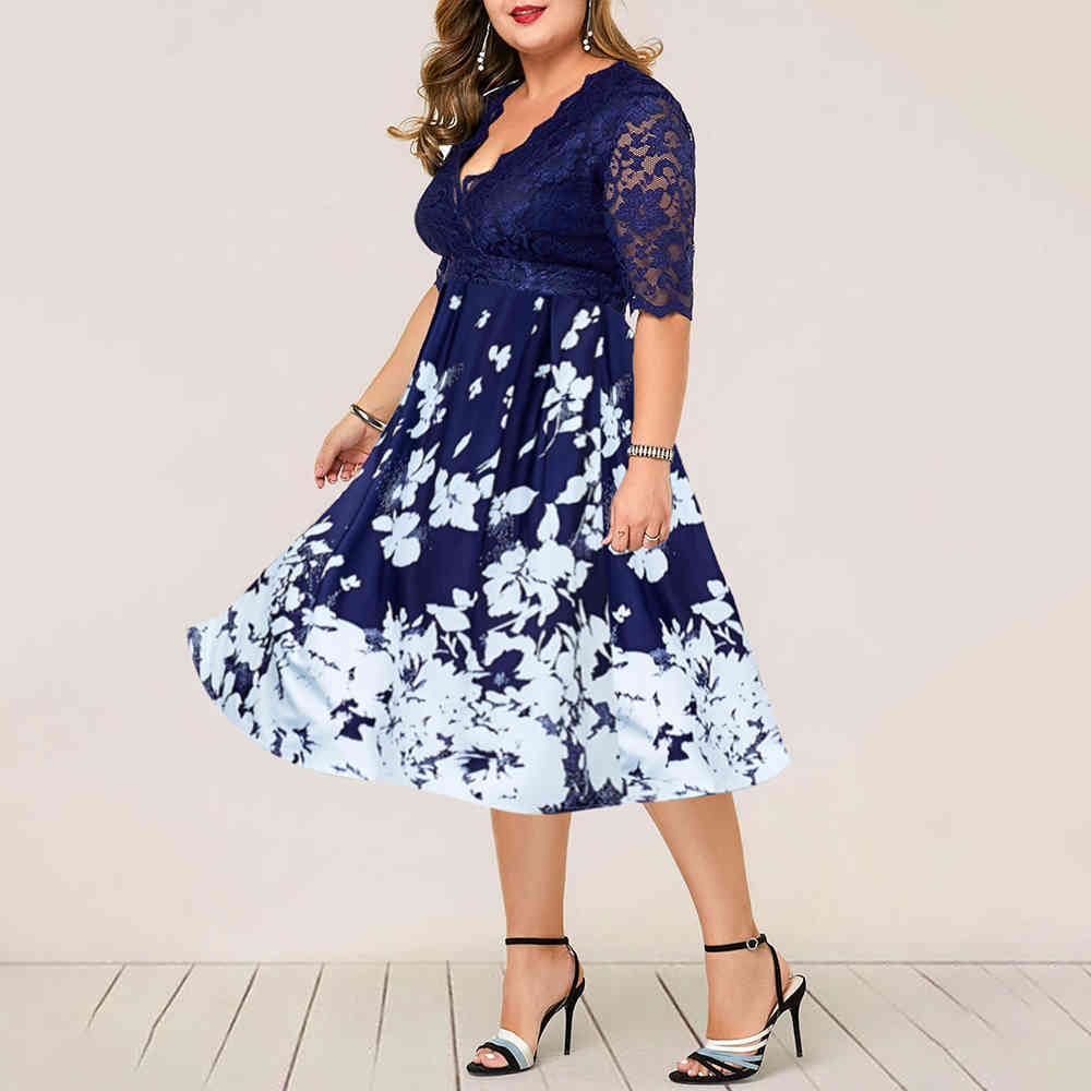 Plus Size Women Summer Dress Patchwork Flower Large Size Evening Party Lady Midi Dress Sexy Lace Calf Elegant Female Dress D20 210331