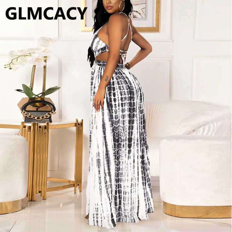 Spaghetti Strap Abstract Printed High Slit Dress 210702