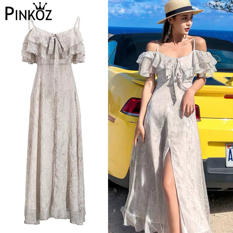 Women Slim Ruffle Maxi Sundress Fairy Elegant Party Vacation Tropical Beach Straps Dress Vintage Korean Runway Vestidos 210421