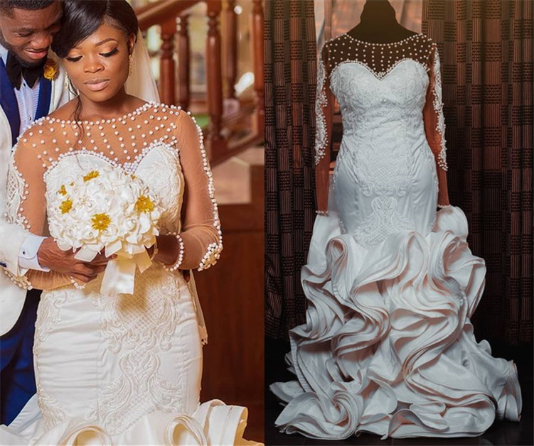 2021 Plus Size Arabic Aso Ebi Luxurious Lace Mermaid Wedding Gowns Sheer Neck Long Sleeves Pearls Tiers Bridal Dresses ZJ456