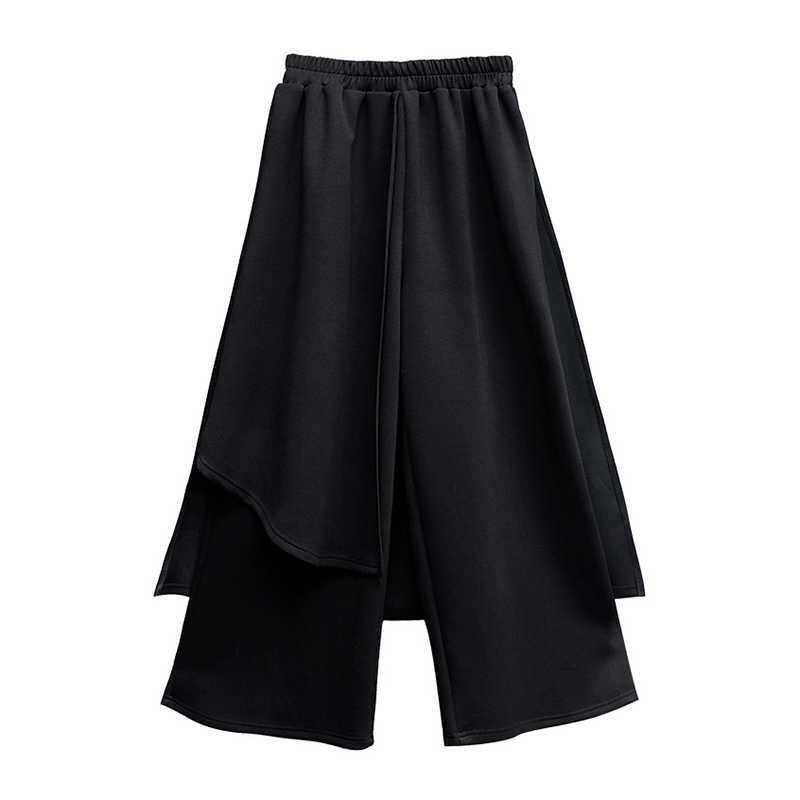 [EAM] High Elastic Waist Black Irregular Long Wide Leg Trousers Loose Fit Pants Women Fashion Spring Autumn 1Z289 211115