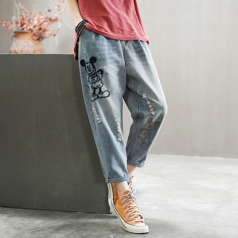 Spring Korea Fashion Women Elastic Waist Denim Harem Pants Patchwork embroidery Loose Ripped Jeans Plus Size S634 210512