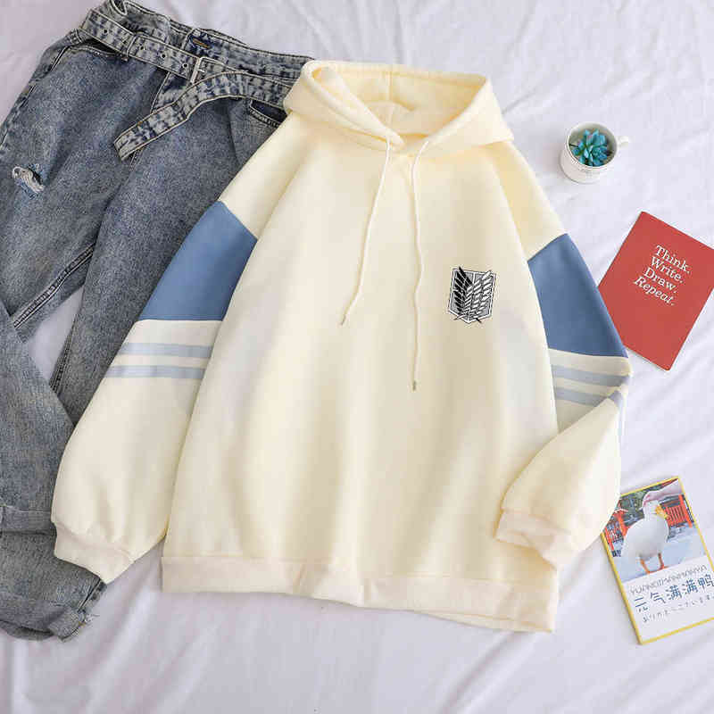 Attack on Titan Shield Printed Hoodies Autumn Winter Fleece Casual Spell Color Splicing Sweatshirt Loose Harajuku Kawaii Clothes 211206