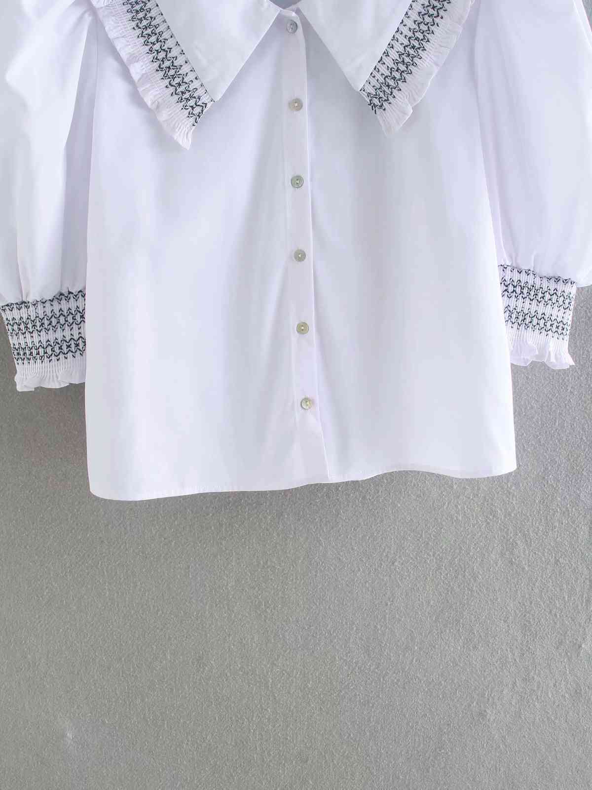 Chic Women Lapel Half Sleeve Puff Sleeve Contrast Poplin Shirt Vintage with Buttons Refreshing Female Tops 210507