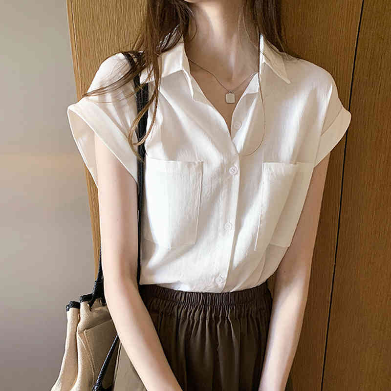 Casual Plus Size Loose Cardigan Blouse Solid Blusas Mujer De Moda Summer Cotton Short Sleeve Blue Women Shirt 10289 210415