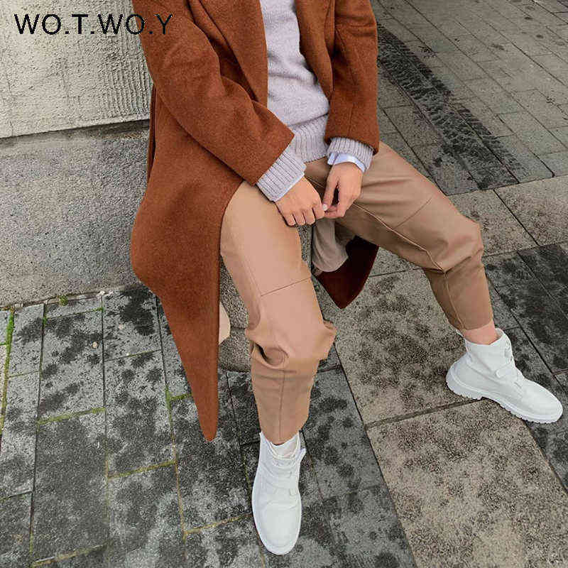 WOTWOY Drawstring High Waist Loose Leather Pants Women Autumn Winter Full Length Casual Straight Trousers Female Black 211115