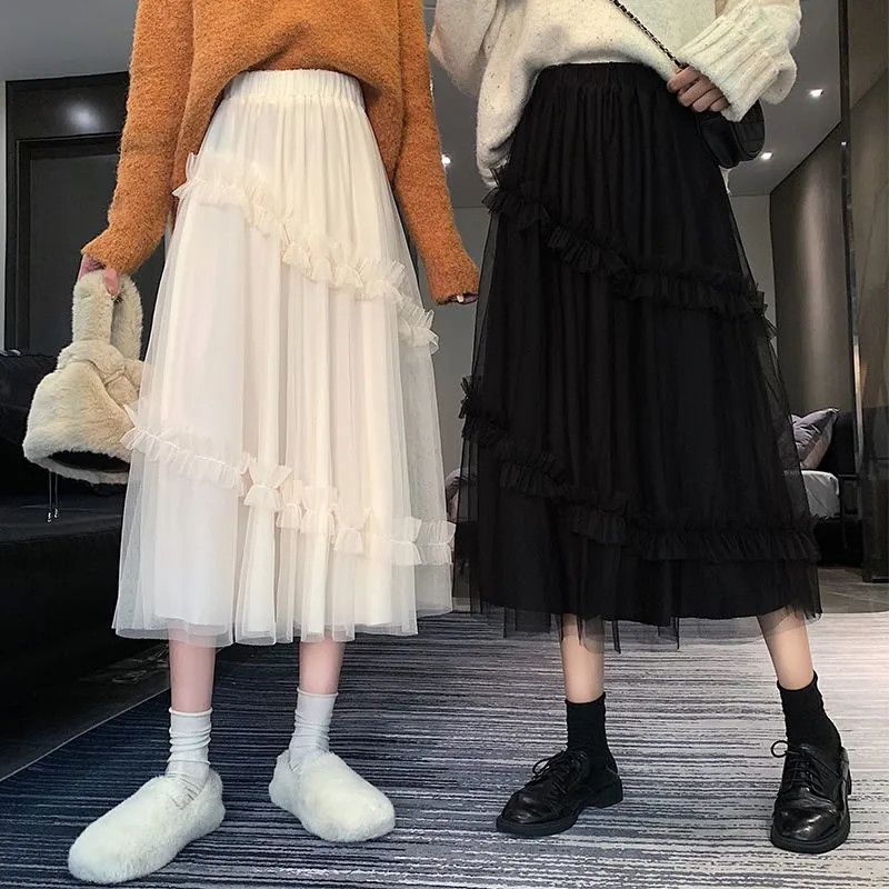 Long Kawaii Tulle Midi Skirts Womens Lolita Summer Spring Mesh Skirt Japanese Style Black High Waisted Ruched Ruffle 210421
