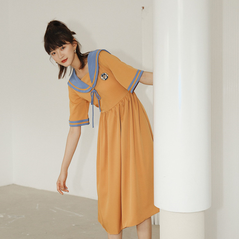 Women Summer Orange Dress Sailor Collar Short Sleeve Large Size Fit Lady Fashion Arrivals 2H074 210526