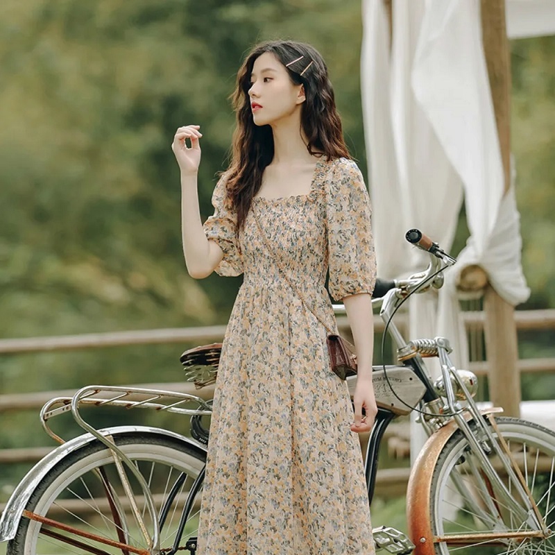 Chic Korean Style Casual Half Puff Sleeve Women Floral Dress Square Collar Elasticity Summer Maxi Chiffon Female Robe 210521