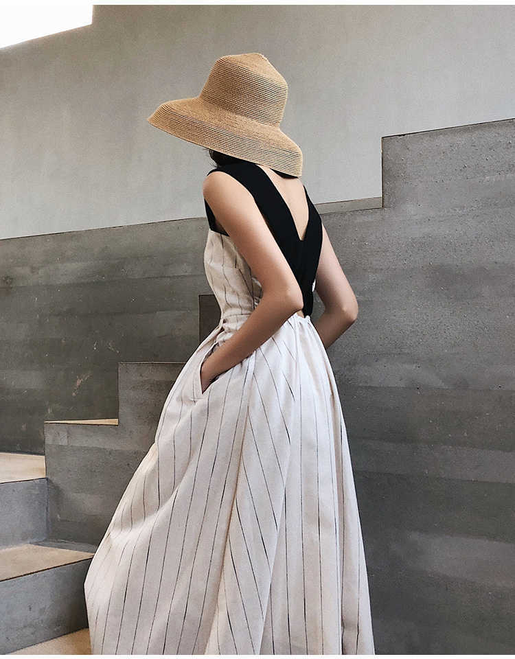 Women Casual Sleeveless Strap Linen Mid-calf Dress Summer striped Female Sundress Vestido 210623