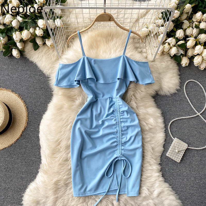 Neploe Off Shoulder Ruffle Mini Dress Women Summer Sexy Slash Neck Slim Waist Sling Dresses Bodycon Drawstring Vestidos 210422