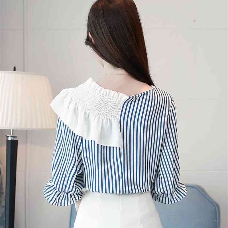Summer Stripe Casual Women Blouse Shirt Plus Size Female Loose Slim Chiffon Shoulder Short Sleeve Tops 0641 40 210506