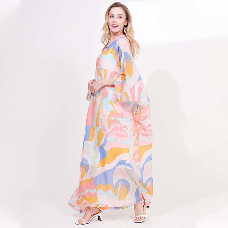 VKBN Spring and Summer Dresses Woman Party Night Seaside Resort Beach Print Flare Sleeve V-Neck Fashion Elegant Dress 4233 210507