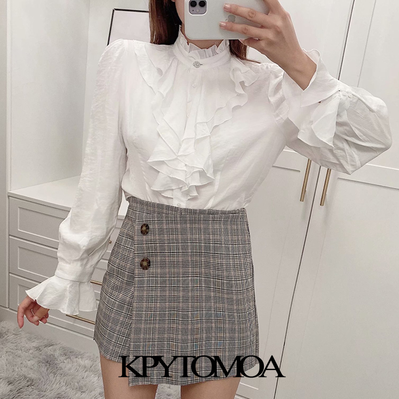 Women Fashion With Ruffle Trims Blouses High Neck Long Sleeve Female Shirts Blusas Chic Tops 210420