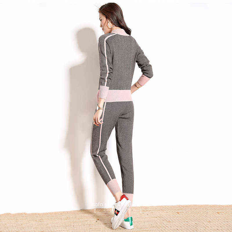 Korean Winter Ribbed printed Tracksuit 2 Piece Pant Suits For Women Knitted Long Sleeve Two Piece Set Top And Pants Suit Outwear 211118