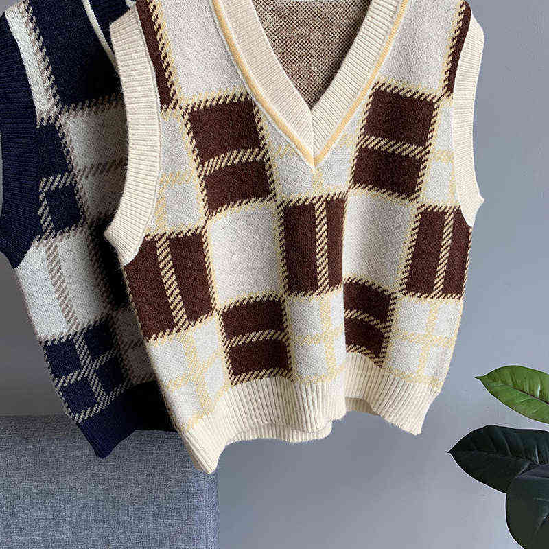 GOPLUS Vest Vintage Plaid Sweater Women Korean V-neck Knitted Sleeveless Short Gilet Femme Pull Sans Manche C10786 211120