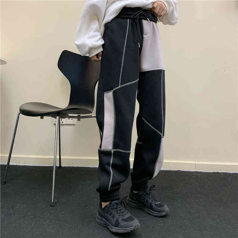 Nomikuma New Plus Velet Harem Pants Korean Hit Color Patchwork Women Trousers Causal Stretch High Waist Sweatpants 6C776 210427