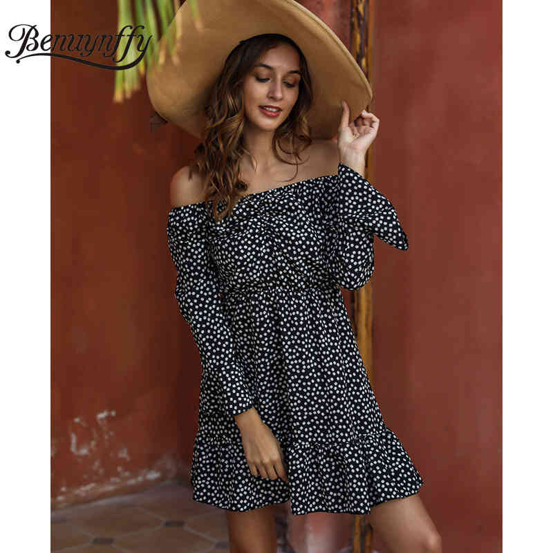 Sexy Off the Shoulder Ruffle Hem Dresses Women Spring Summer Holiday Beach Female Print Long Sleeve Tunic Mini Dress 210510