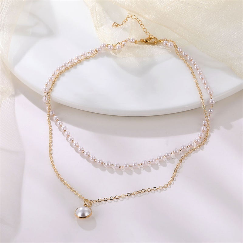 Vienkim 2020 New Double Layer Chain Gold Color Choker Necklace Women Korean Style Pearl Pendant Necklace Fashion Jewelry Collar Y0420