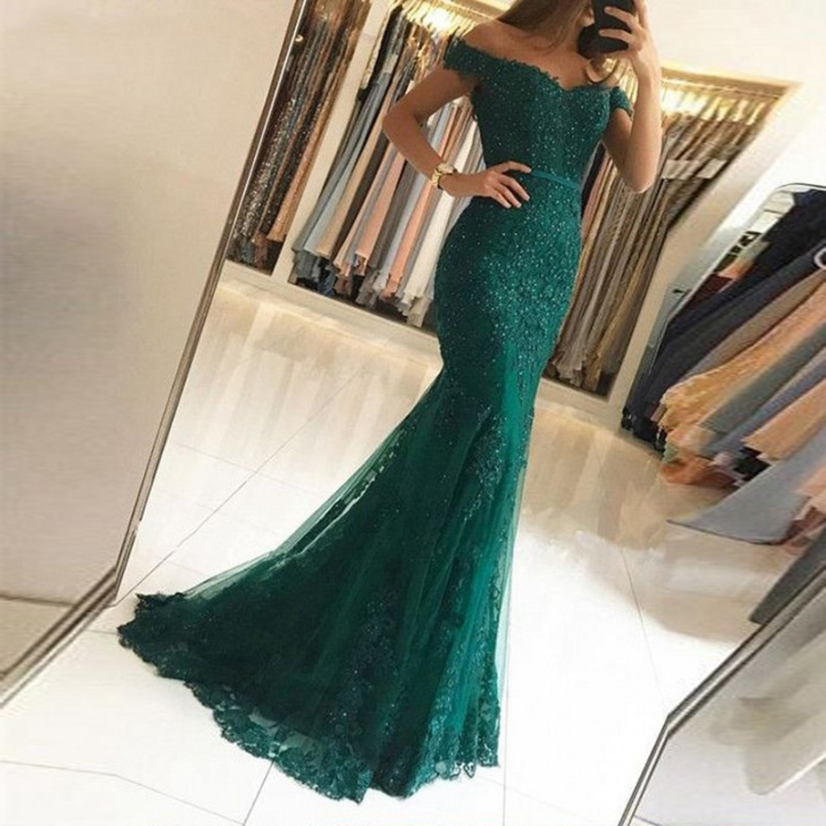 Royal Blue Mermaid Evening Dresses 2021 New Women Boat Neck Appliques Lace Formal Party Elegant Off Shoulder Long robe de soiree