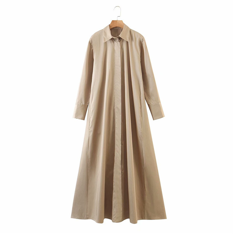 Women Elegant Khaki Long Loose Autumn Dress Ladies Casual Sleeve Turndown Collar A-lien mujer chaqueta Plus Size 210421