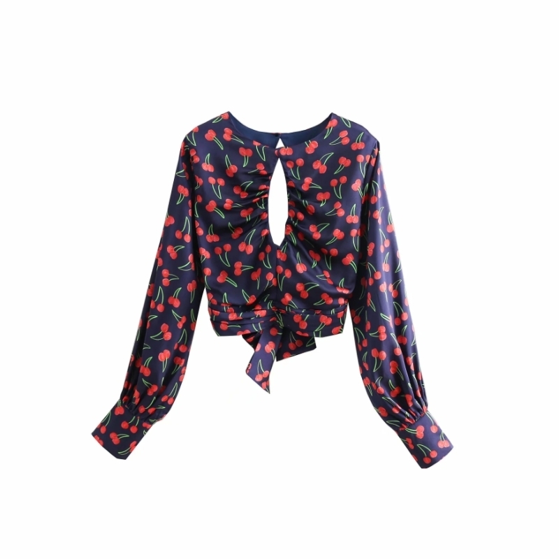 Summer Women Cherry Print Hollow Decoration Short Blouse Female Long Sleeve Shirt Casual Lady Crop Tops Blusas S8755 210430