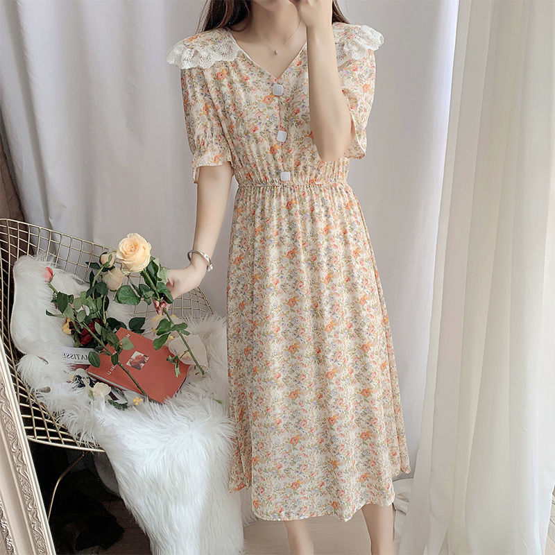 Women Chiffon Dress Summer Korean Short Sleeve Floral Midi V-Neck Bohemia Beach Casual Lace Vestidos Feminina 210510