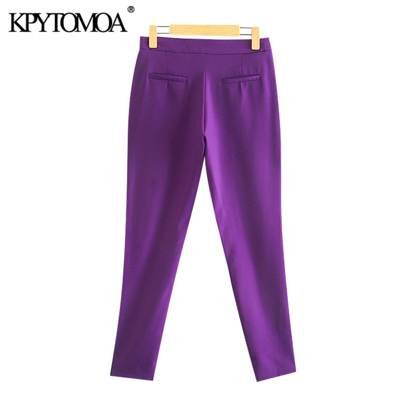 Women Chic Fashion Office Wear Pockets Basic Pants Mid-Waist Side Vents Female Ankle Trousers Mujer 210420