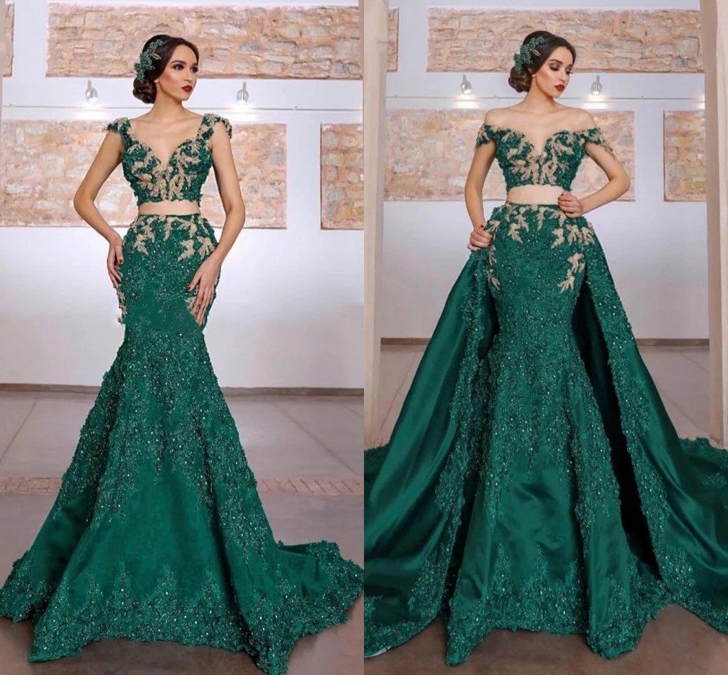 Arabic Two Pieces wedding dress with Detachable Train Lace Applique Green Mermaid bridal gowns Robe De Soirée De Mariage