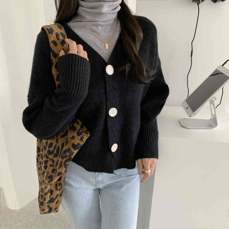Autumn OL All Match Gentle Solid Knitted Chic Sweaters Loose V-neck Elegance Cardigans Thicken Warm Clothe Tops 210421
