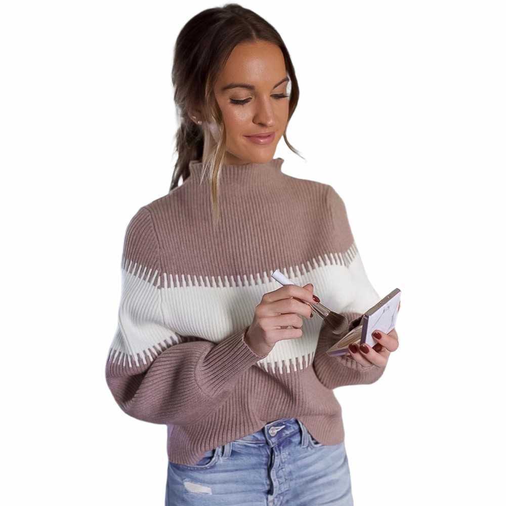 Color-block Knitted Turtleneck Sweater Women Autumn Winter Ladies Korean Striped Sweaters Female Jumper Womens Pullovers 210604