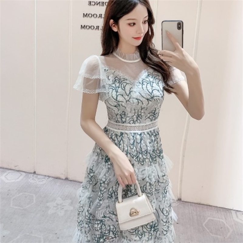 Vintage High Waist Long Dress Elegant Summer Women Boho Runway Mesh Embridery Short Sleeve Ruffles Vacation Party 210519