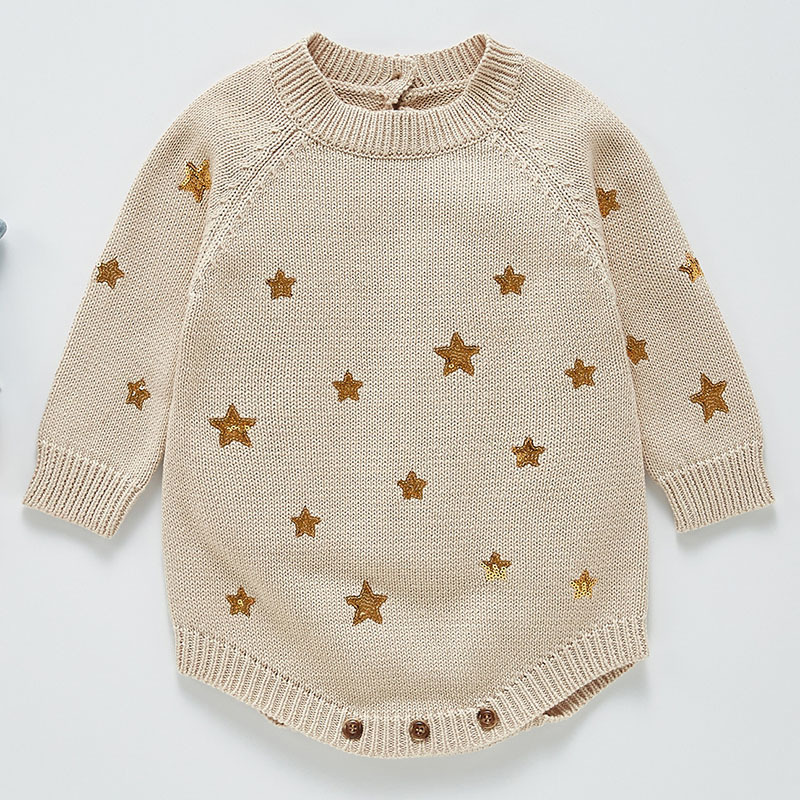 0-3Yrs Cute Baby Girl Knit Rompers Spring Autumn Long Sleeve Fashion Infant Clothes Star Printing 210429