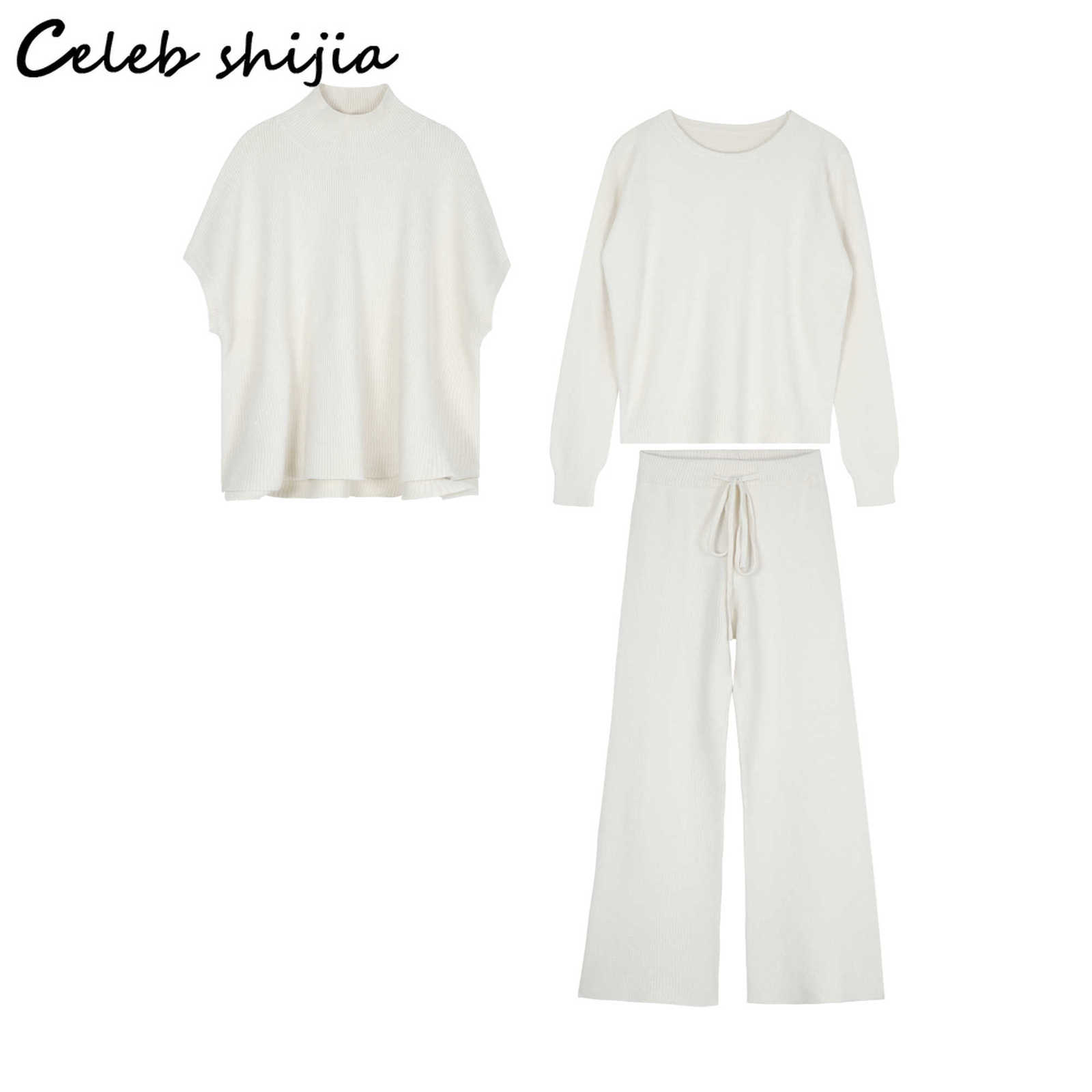 Cashmere Three Piece Sets Woman Loose Sweater + Wide Leg Pants Autumn Winter Elegant Korean Warm Knitted Wool Pant female 210930