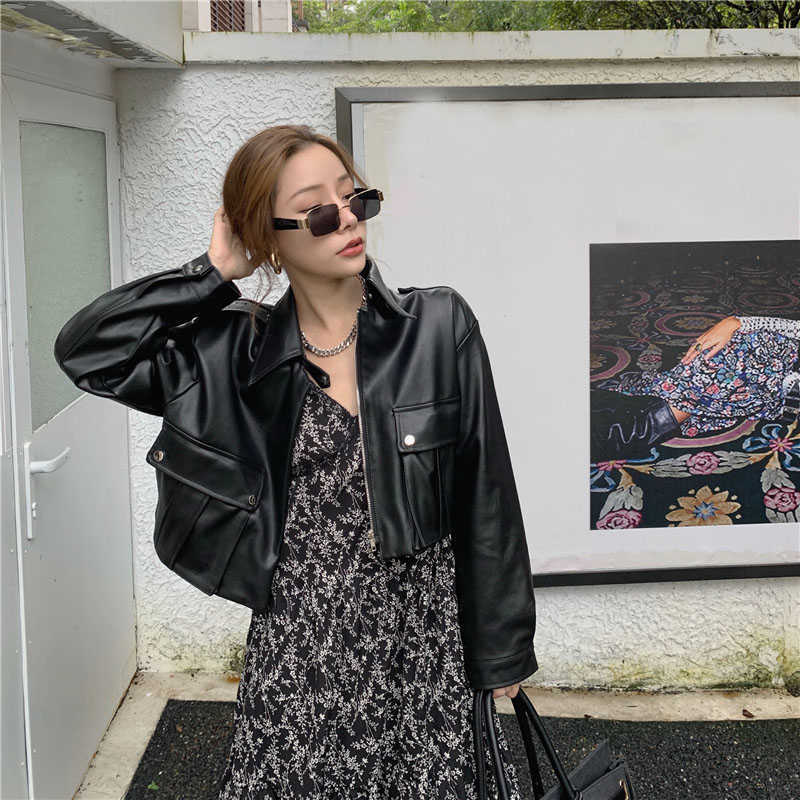 Leather Jacket Women Korean High Street Moto Biker Zipper Jacket Female Spring Loose Streetwear Large Size Women's Clothing 210908