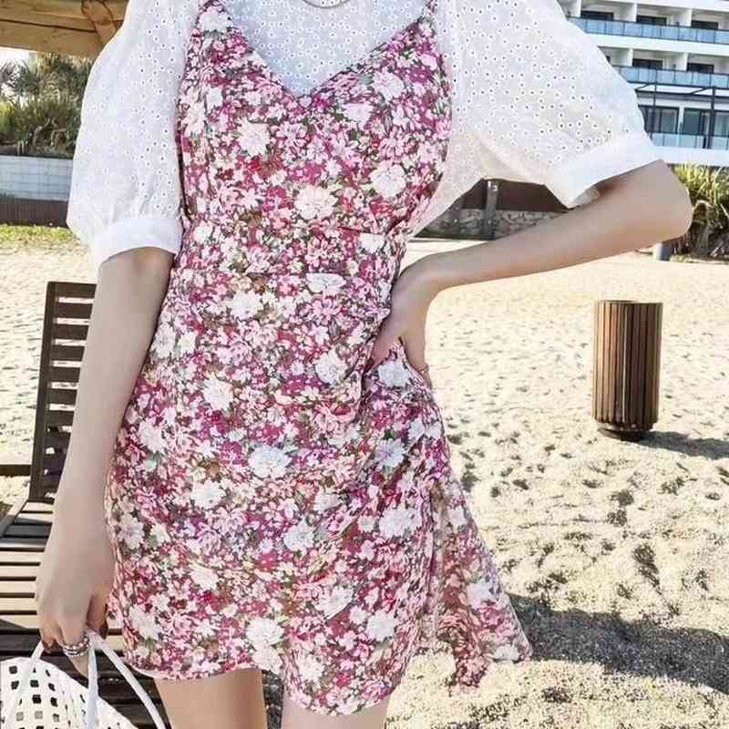 Short Sleeve Mini Dress Women Elegant Floral Dress Sweet Kawaii Beach Dress for Females Office Lady Korean Style Summer Y2k 210521
