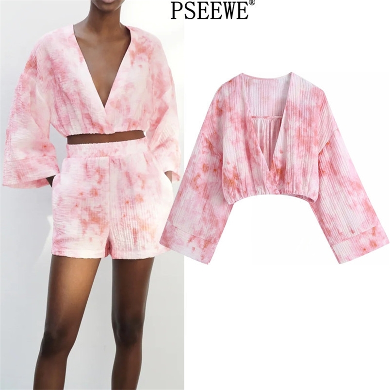 Women Blouse Pink Tie Dye Crop Top Female Fashion Wrap Long Sleeve Summer Elastic Hem Chic Woman 210519
Women Blouse Pink Tie Dye Crop Top Female Fashion Wrap Long Sleeve Summer Elastic Hem Chic Woman 210519