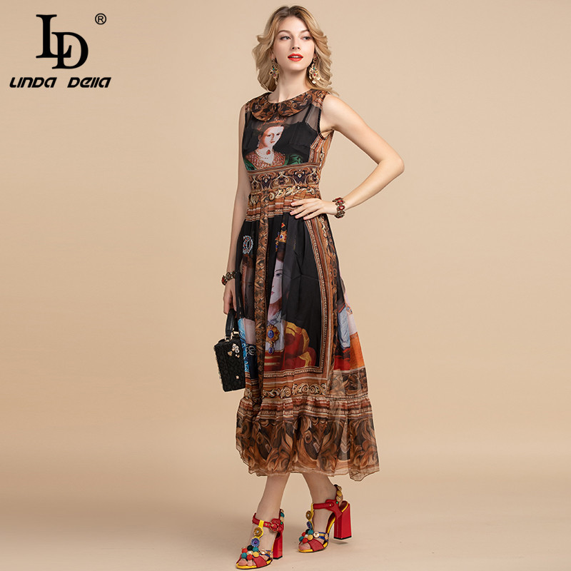 Summer Fashion Runway Vintage Long Dress Women's Sleeveless High waist Character Print Chiffon Dresses 210522