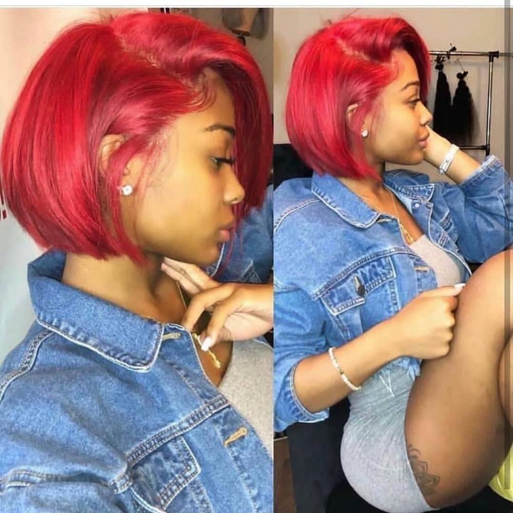 Short Bob Red Straight Lace Front Human Hair Wig Preplucked Hairline Peruvian Remy burgundy wig With Baby Hair