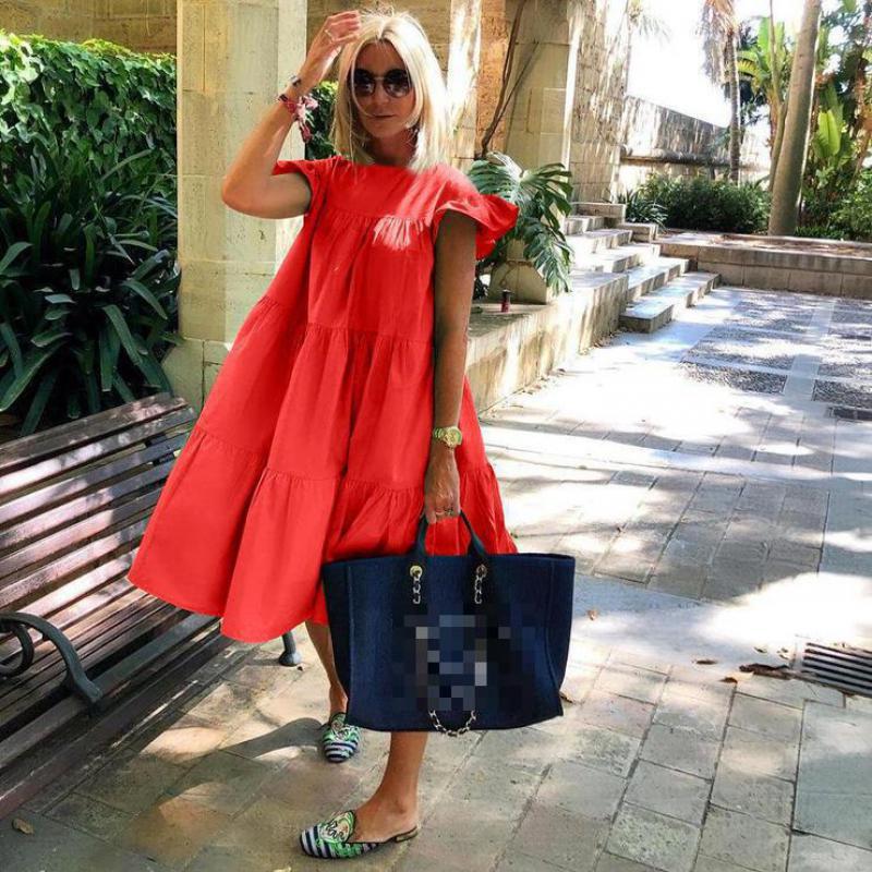 ZZOUX Women Dress Short Sleeve Pleated Long Dresses Fashion Bohemian Dress Solid Loose Summer Dresses Plus Size White Black New 210401