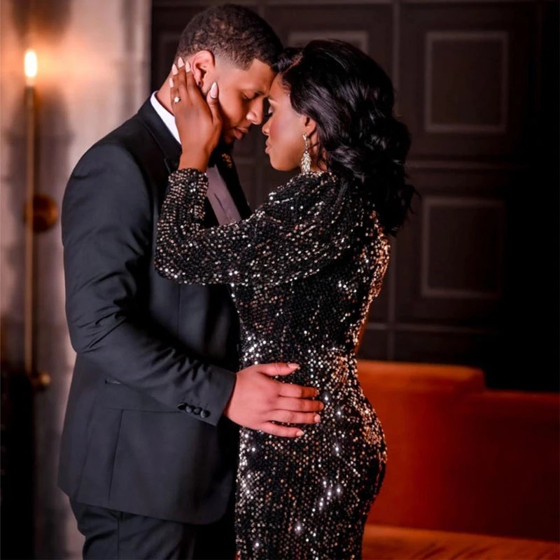 Black Sequins Mermaid Prom Dress, One Shoulder Plus Size, Sweep Train Formal Evening Gown For Arabic Women