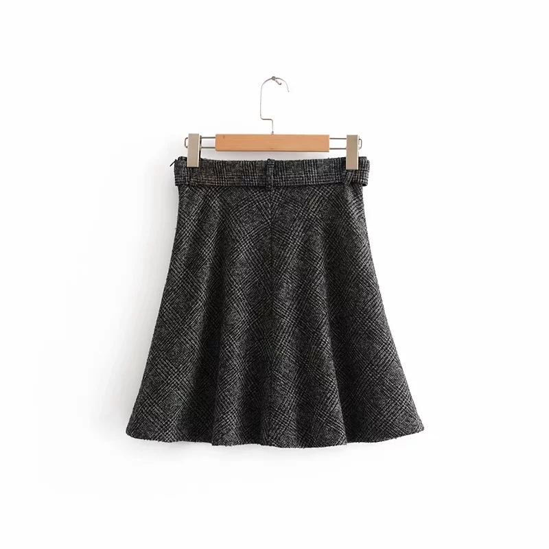 fashion women sashes plaid mini skirt autumn style casual ladies high waisted loose A-Line skirts P616 210430Z