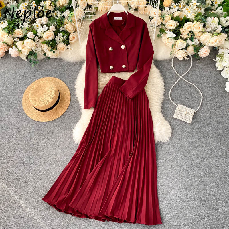 Neploe Temperament Knit 2 Pcs Women Set Turn Down Collar Long Sleeve Short Cardigans + High Waist Hip A Line Pleat Skirt Suit 210422