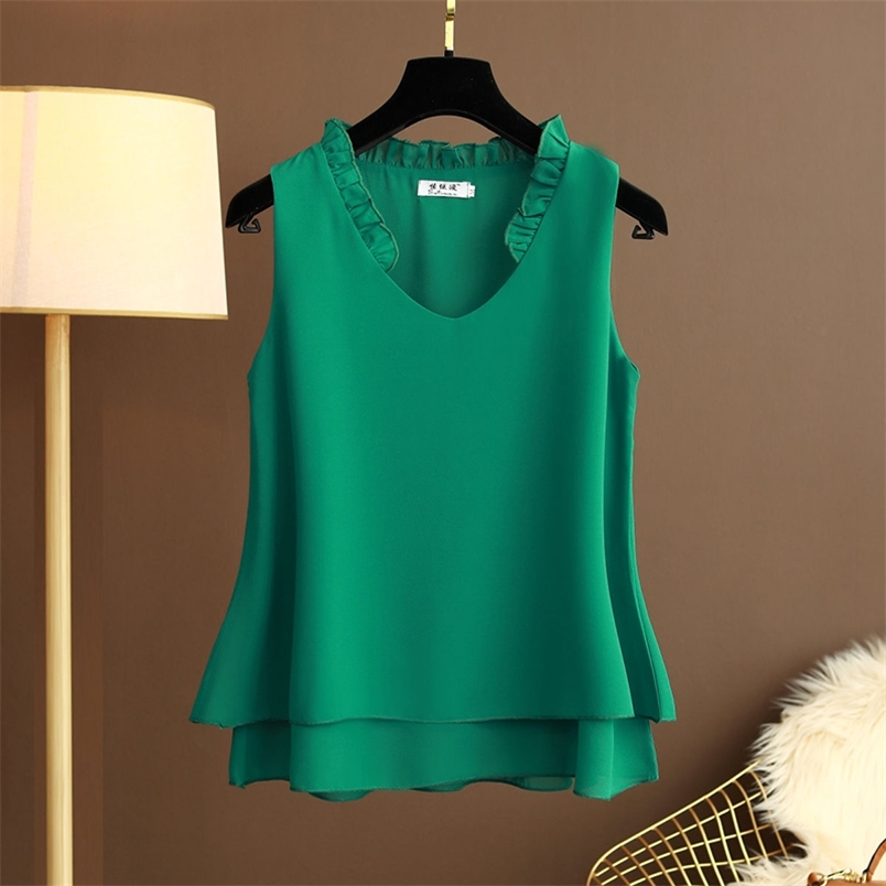 Summer Fashion Women Sleeveless Ruffles V-neck Double-deck Chiffon Shirts Casual Loose Blouses Femme Tops Plus Size S757 210512, Blue
Summer Fashion Women Sleeveless Ruffles V-neck Double-deck Chiffon Shirts Casual Loose Blouses Femme Tops Plus Size S757 210512, Blue