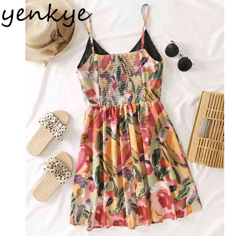 Vintage Multicolor Print Sexy Sling Dress Women V Neck Sleeveless A-line Mini Holiday Beach Summer Short Vestido 210430