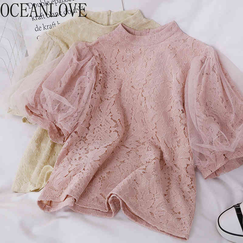 Lace Mesh Sweet Solid Women Tops and Blouses Stand Collar Pink Chic Short Sleeve Shirts Retro 13899 210415
