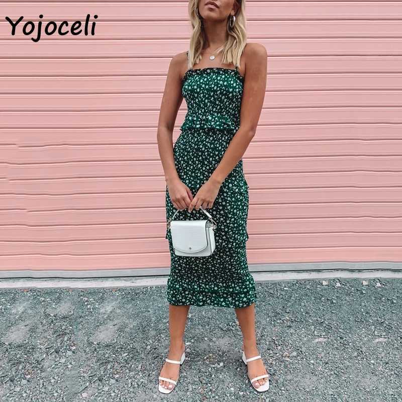 Yojoceli floral print ruffle dres bodycon mini shirred midi boho beach sun 210609